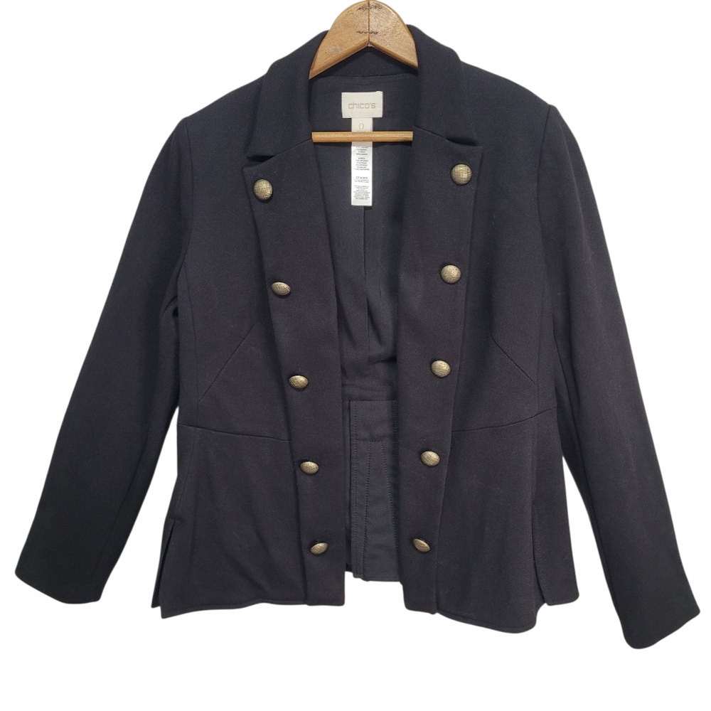 Chico's Black Single Breasted Open Front Black Blazer Size 0 Military Style